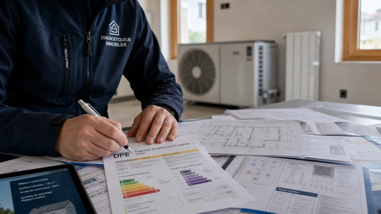 DPE maison neuve : diagnostiqueur avec dossier DPE et plans