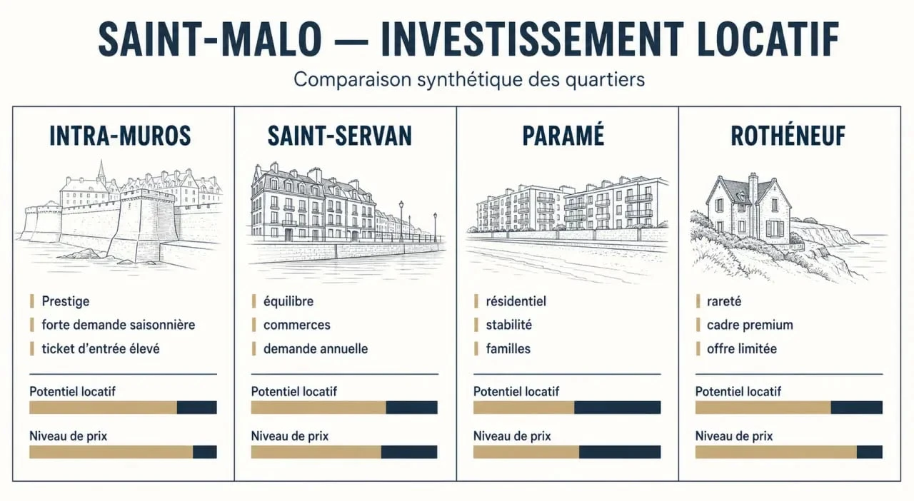 Investissement locatif Saint Malo : comparaison éditoriale des quartiers Intra-Muros, Saint-Servan, Paramé et Rothéneuf