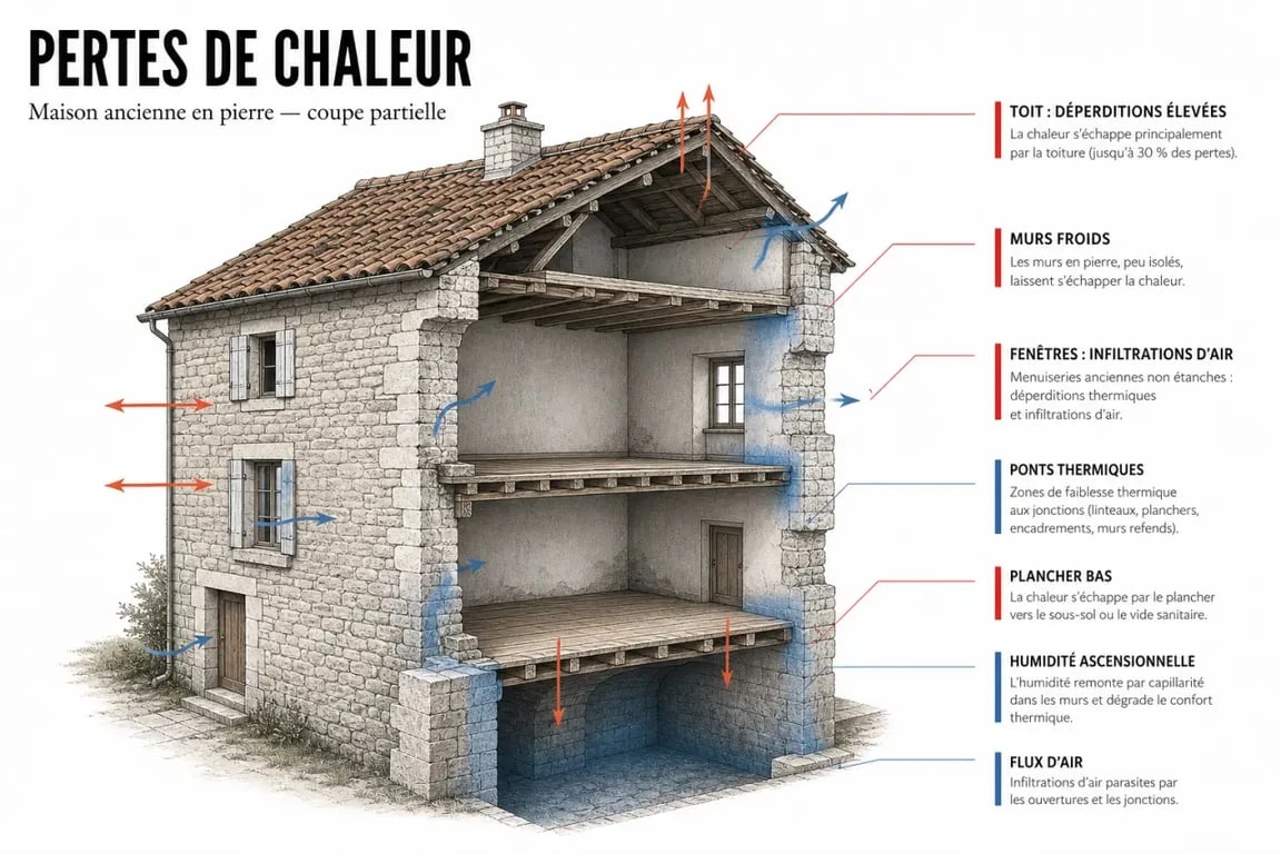 DPE maison ancienne en pierre : schéma éditorial des pertes de chaleur et de l’humidité dans une maison ancienne