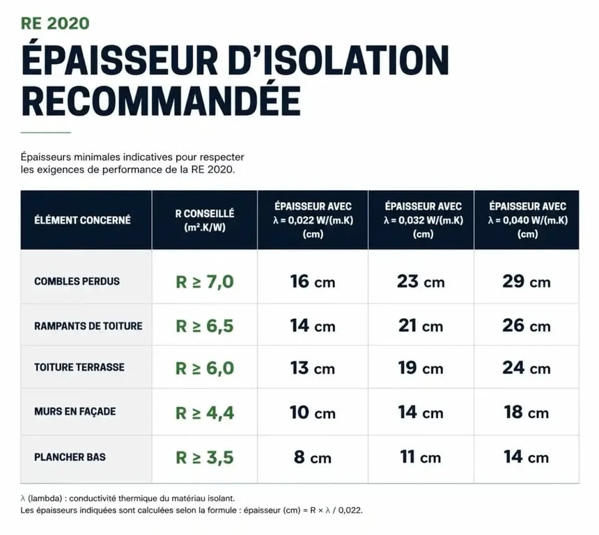 Tableau épaisseur isolation rt 2020 comparant les épaisseurs selon la zone à isoler et le lambda