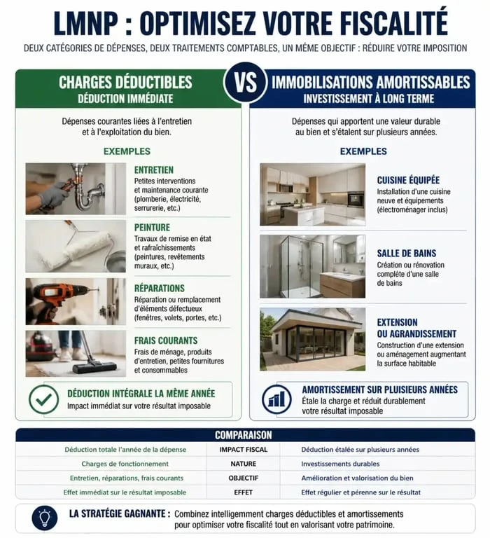 Tableau comparatif des charges déductibles et immobilisations amortissables pour un projet LMNP travaux avant location