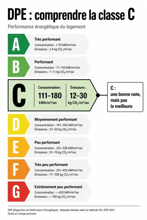 DPE classe C bien ou pas : comparaison visuelle des classes énergie A à G et repère réglementaire