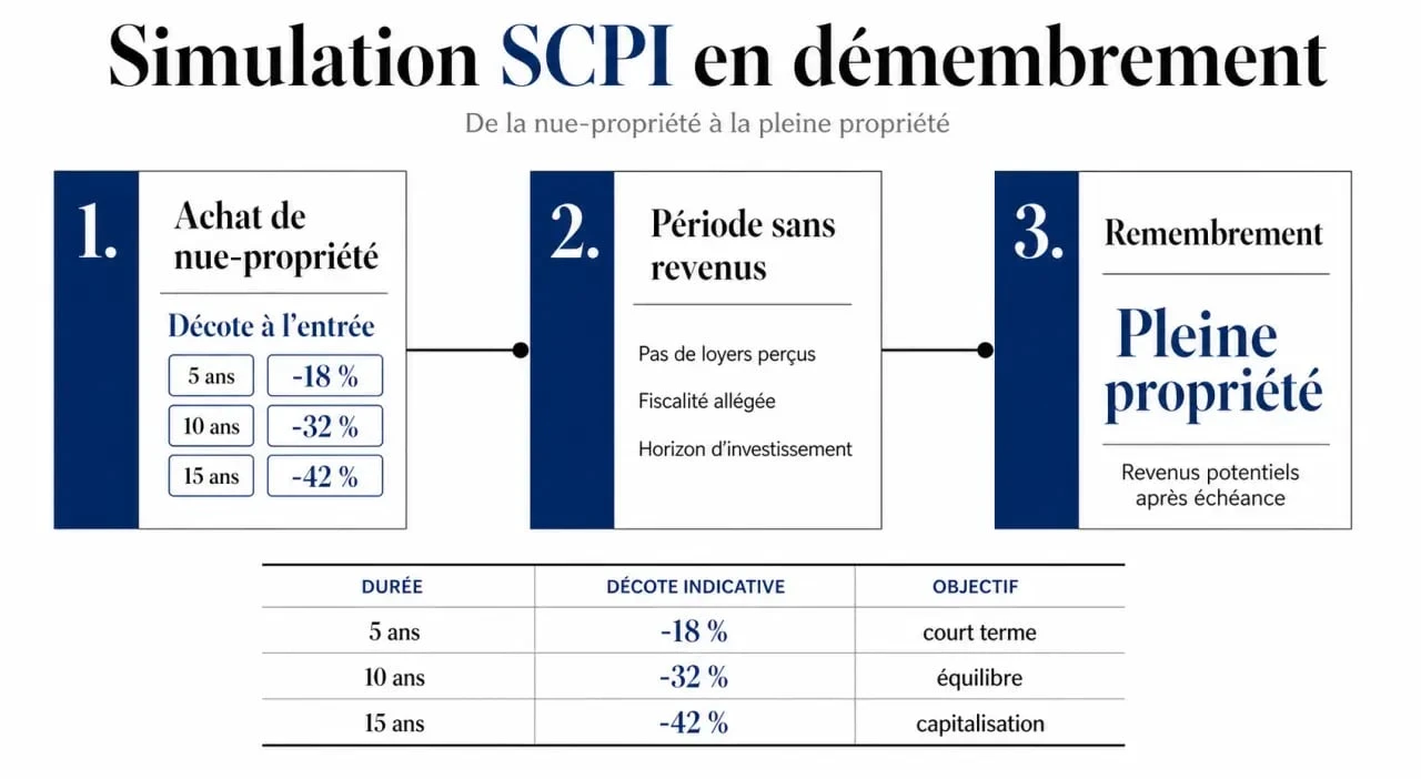Simulation SCPI démembrement : schéma éditorial de la nue-propriété, de la période sans revenus et du remembrement