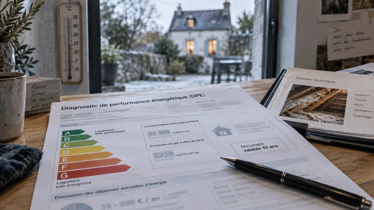 DPE obligatoire vente maison : fiche DPE sur table et thermomètre