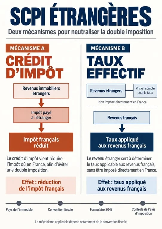 Infographie sur la fiscalité des SCPI étrangères, le crédit d'impôt et le taux effectif