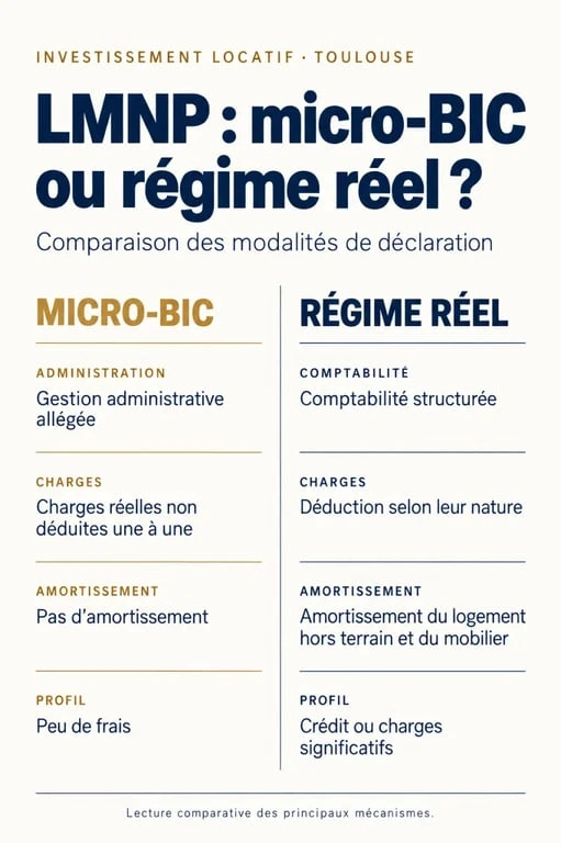Infographie comparative du régime micro-BIC et du régime réel pour un investissement LMNP Toulouse