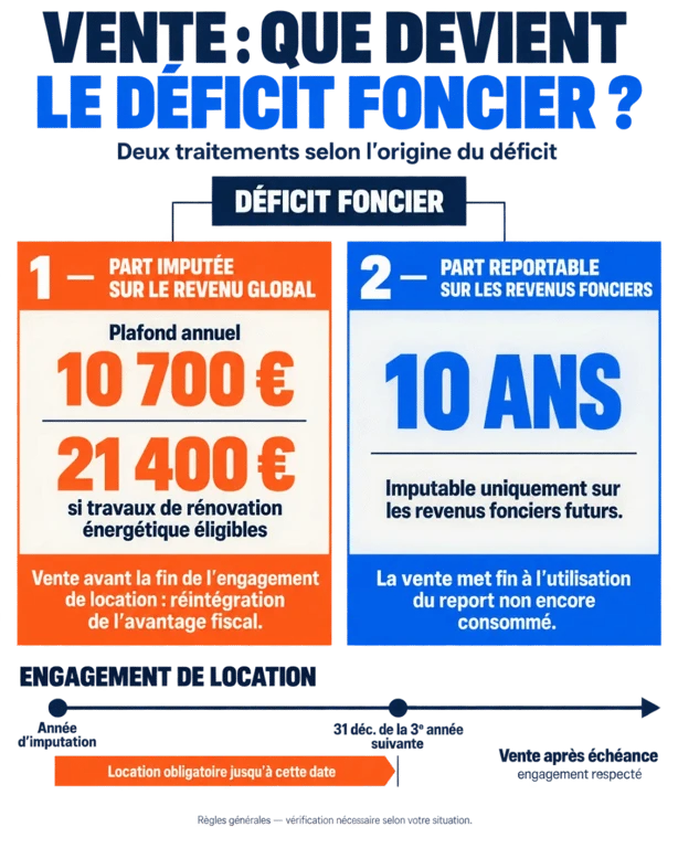 Infographie : que devient le déficit foncier en cas de vente, entre réintégration et report