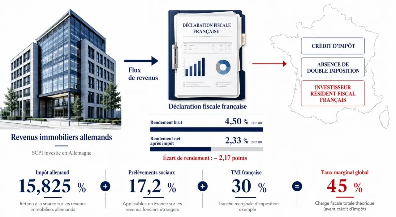 Fiscalité SCPI allemande : schéma comparatif du rendement net après impôt entre France et Allemagne