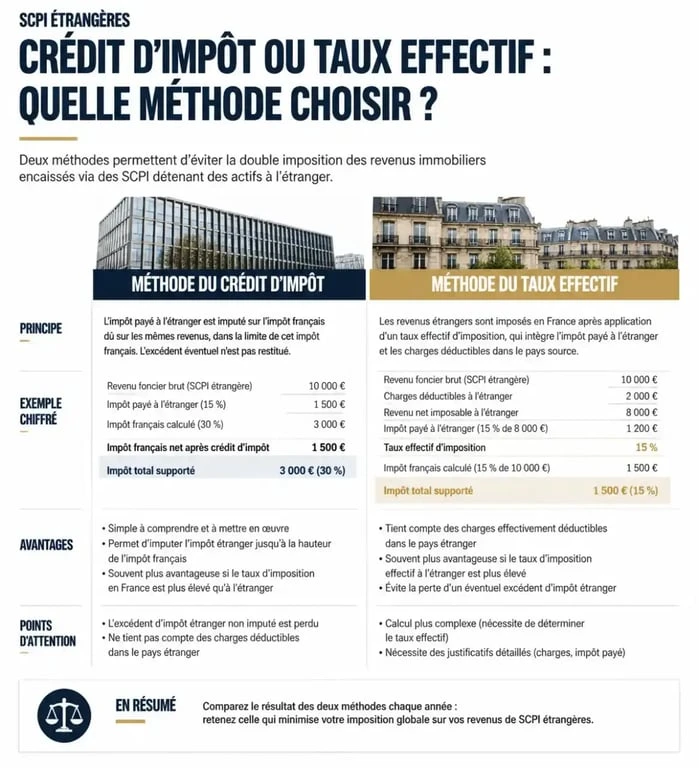 Infographie sur la fiscalité des SCPI étrangères : crédit d'impôt vs taux effectif