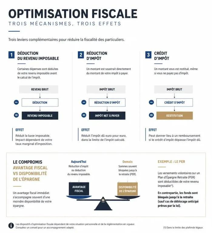 Optimisation fiscale pour particulier : différence entre déduction, réduction et crédit d’impôt