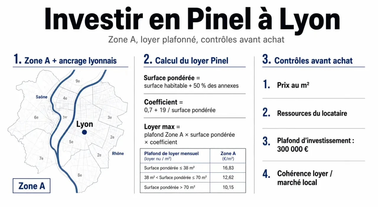 Investir Pinel Lyon : schéma des plafonds de loyer, de la zone A et de la surface pondérée