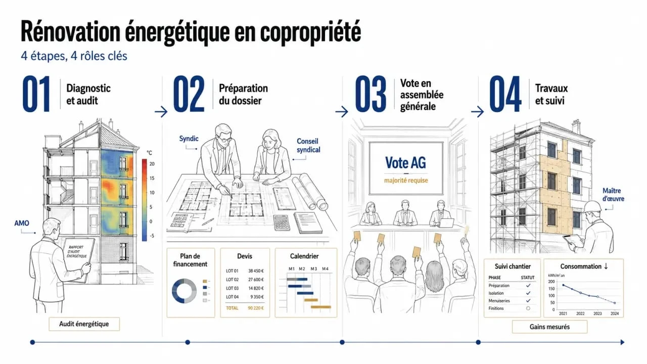 Rénovation énergétique en copropriété : frise des étapes de diagnostic, aides et vote en assemblée générale