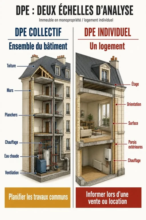 Infographie comparant le DPE immeuble monopropriété et le DPE individuel d’un logement