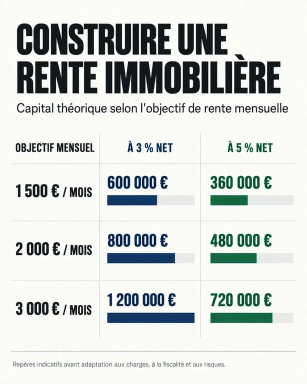 Infographie sur le rentier en immobilier et le capital nécessaire selon l’objectif de rente