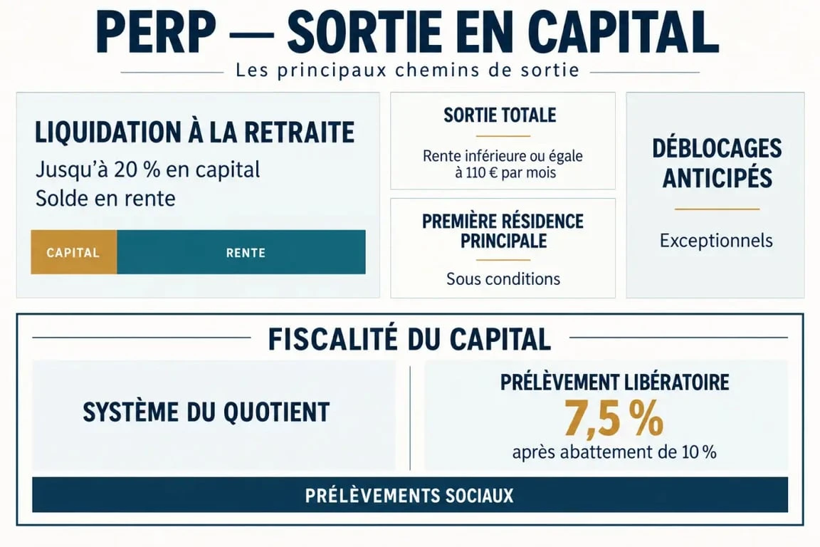 Infographie sur la fiscalité PERP sortie en capital, les cas de déblocage et les options d'imposition
