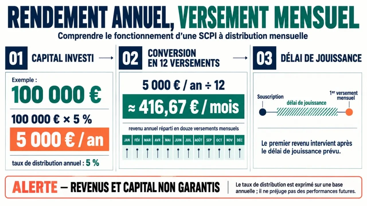 Infographie expliquant le fonctionnement d'une SCPI rendement mensuel, entre taux annuel, versements mensuels et délai de jouissance
