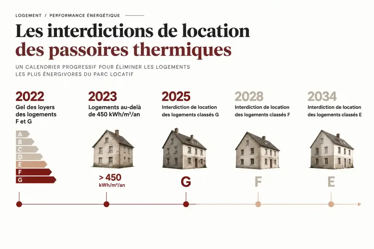 Calendrier de l'obligation d'isolation thermique en copropriété pour les bailleurs : interdictions de location des logements G, F et E de 2023 à 2034