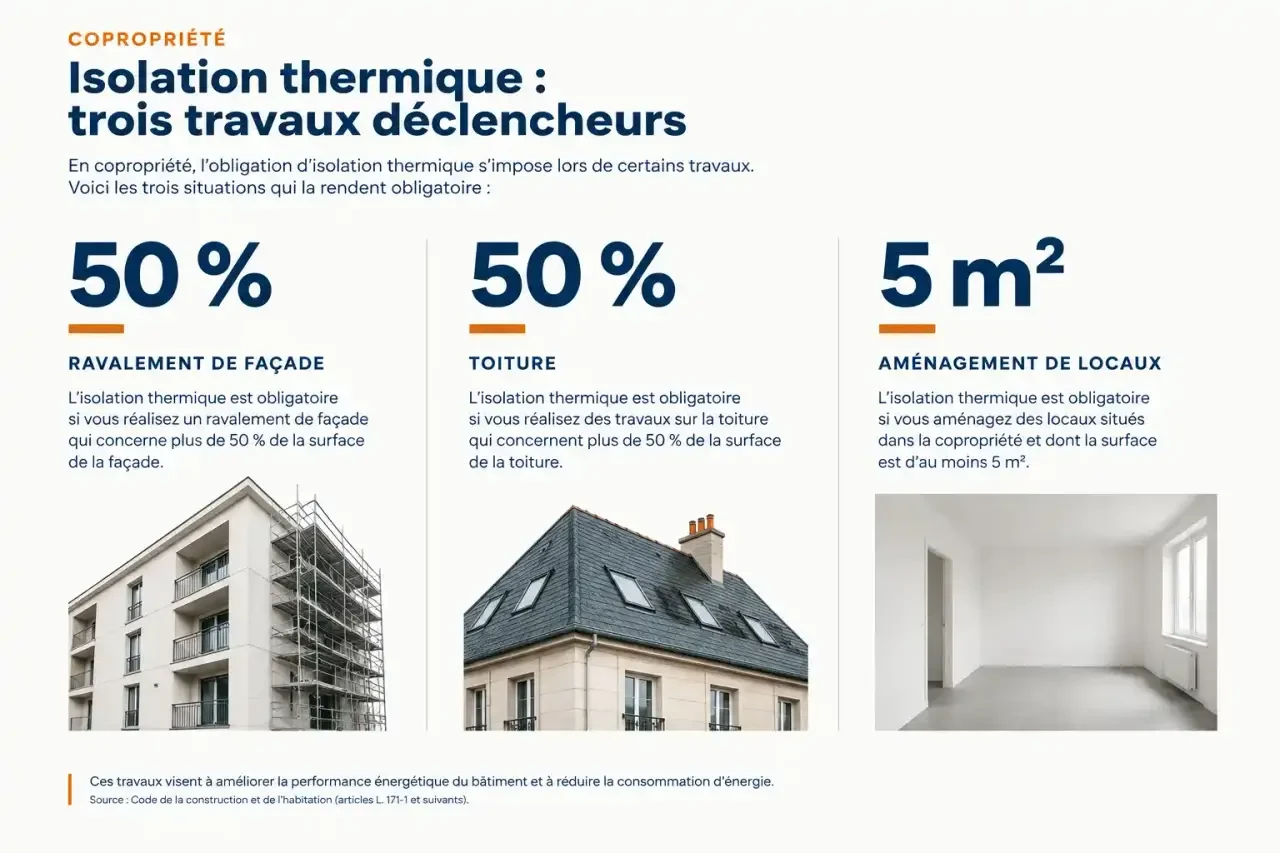Obligation d'isolation thermique en copropriété : les seuils de 50 % de façade, 50 % de toiture et 5 m² de surface aménagée