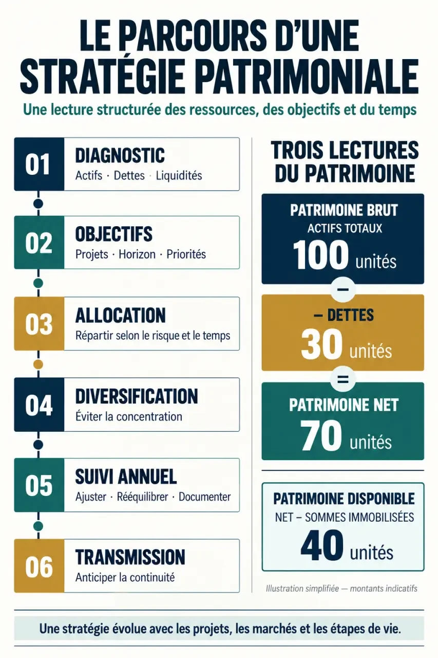 Infographie sur la stratégie patrimoniale, du bilan des actifs à la transmission