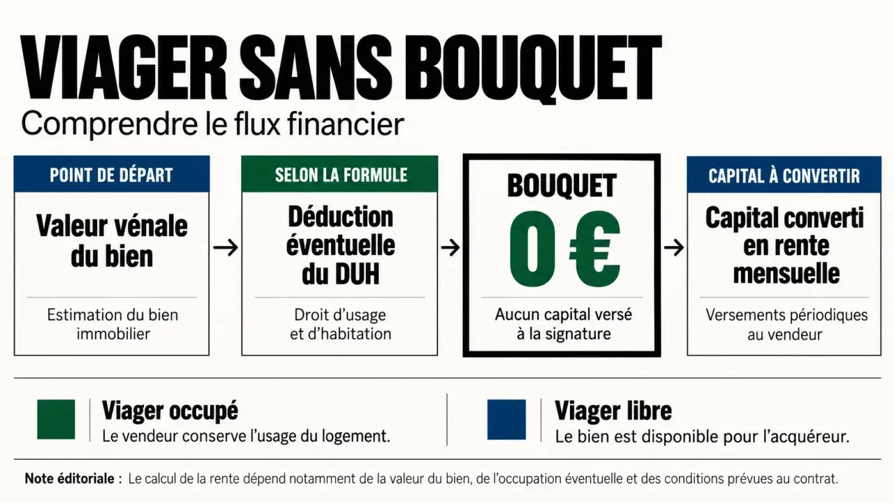 Infographie expliquant le calcul d’un viager sans bouquet entre valeur du bien, DUH, capital à renter et rente
