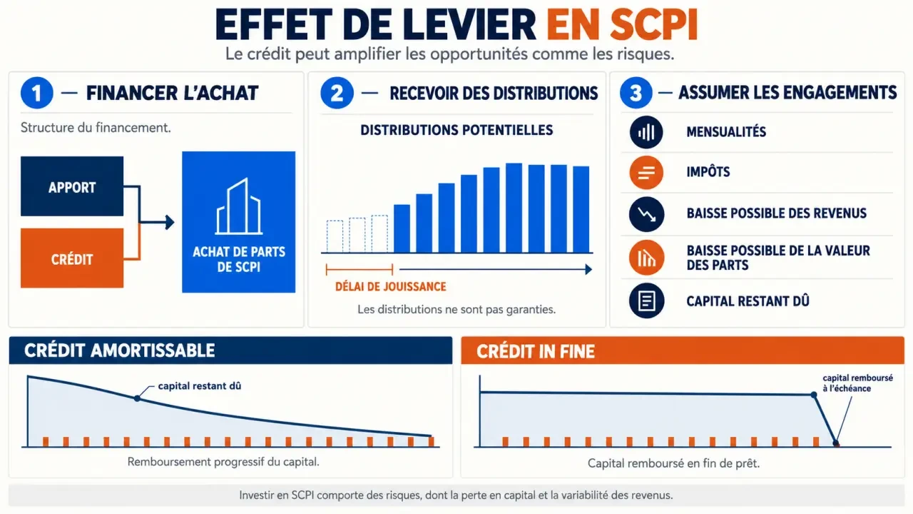 Infographie sur l’effet de levier SCPI avec crédit amortissable, crédit in fine, distributions et risques