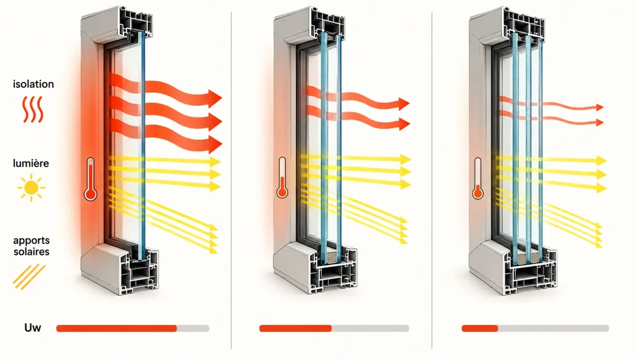DPE simple vitrage : comparaison visuelle entre simple, double et triple vitrage