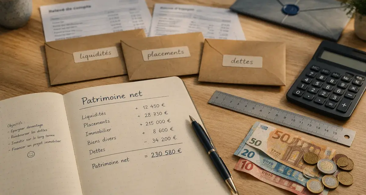 Patrimoine financier : carnet “patrimoine net”, liquidités, placements et dettes